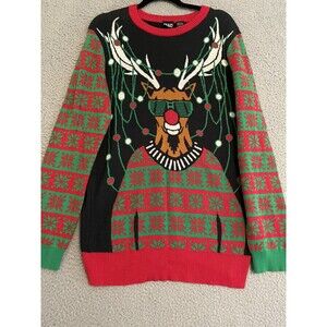 Mad Engine Men's Medium Ugly Christmas Sweater Reindeer Holiday Black Red Green
